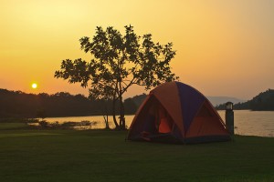 Camping Ground And Sunset At Lake