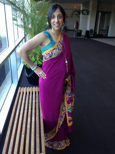 Parul wearing one of her first maternity sari prototypes, a Satya Paul sari that she converted to a full-belly panel maternity sari, paired with a full-length maternity sari blouse.