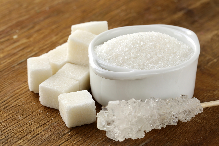 Several types of white sugar – refined sugar and granulated suga